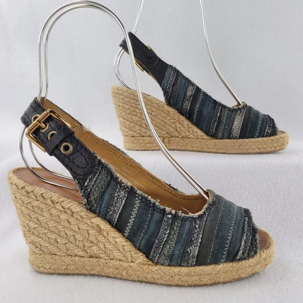 Apepazza Sandals Womens 6 Blue Rodano Espadrille Canvas‎ Heels Wedge Hemp Beach